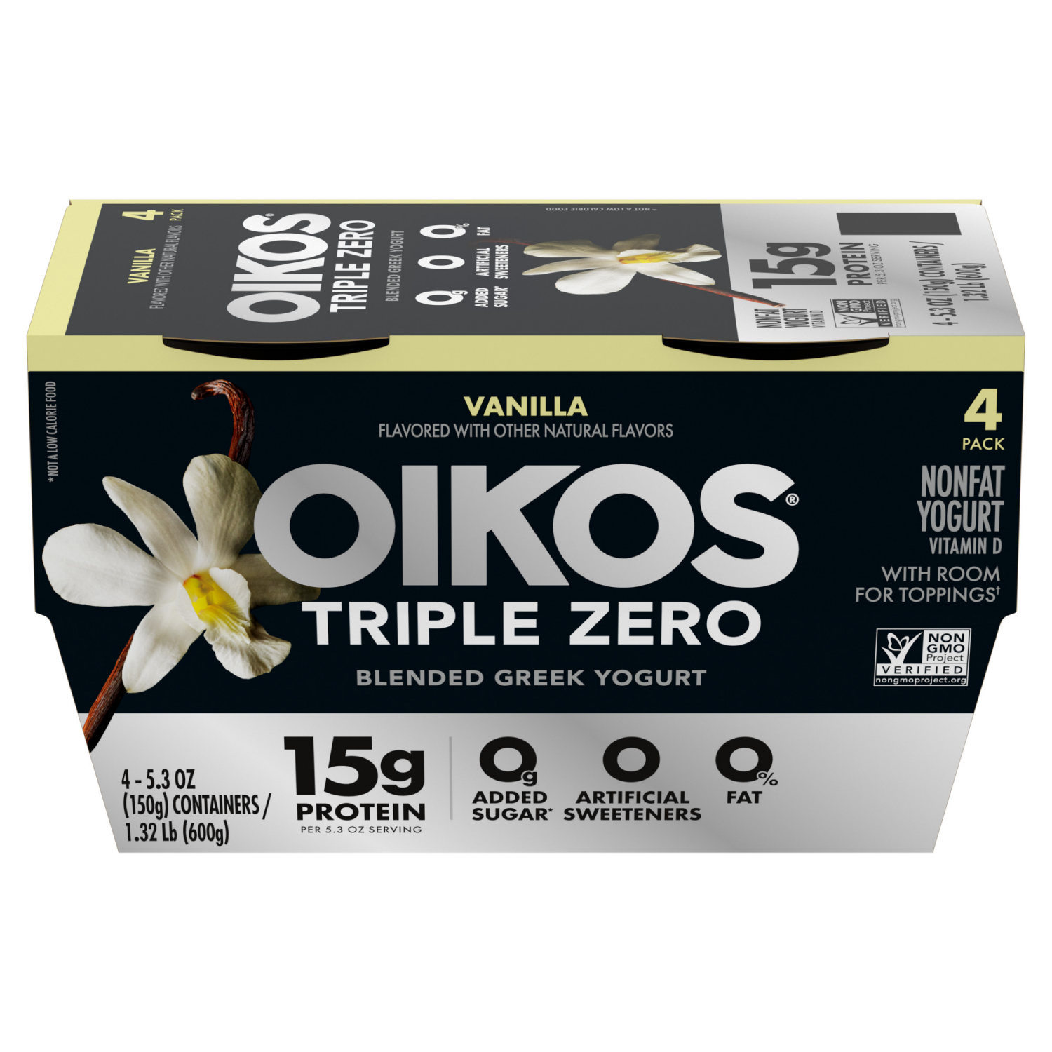slide 2 of 8, Oikos Vanilla 15g Protein, 0g Added Sugar, Nonfat Greek Yogurt Pack, 4 Ct, 5.3 OZ Cups, 4 ct