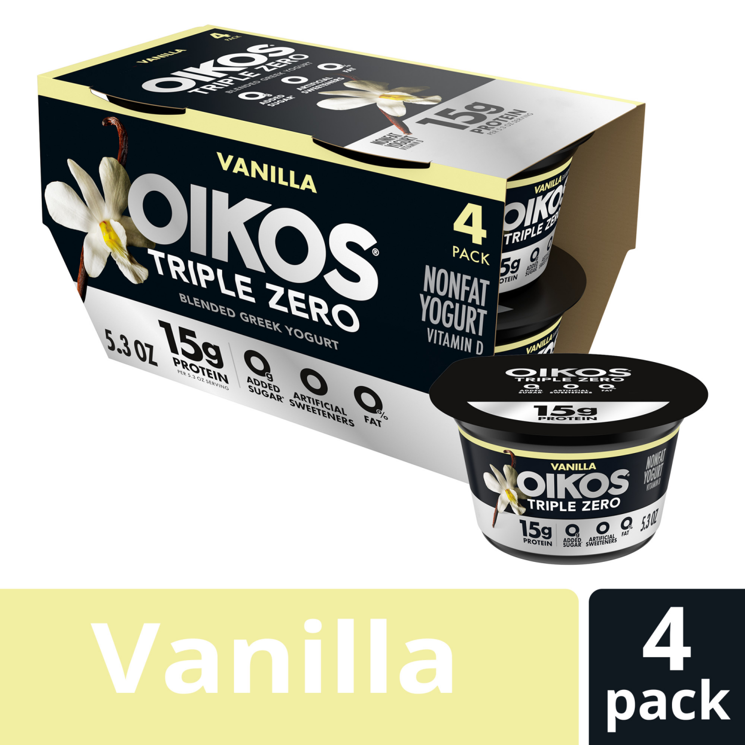 slide 4 of 8, Oikos Vanilla 15g Protein, 0g Added Sugar, Nonfat Greek Yogurt Pack, 4 Ct, 5.3 OZ Cups, 4 ct