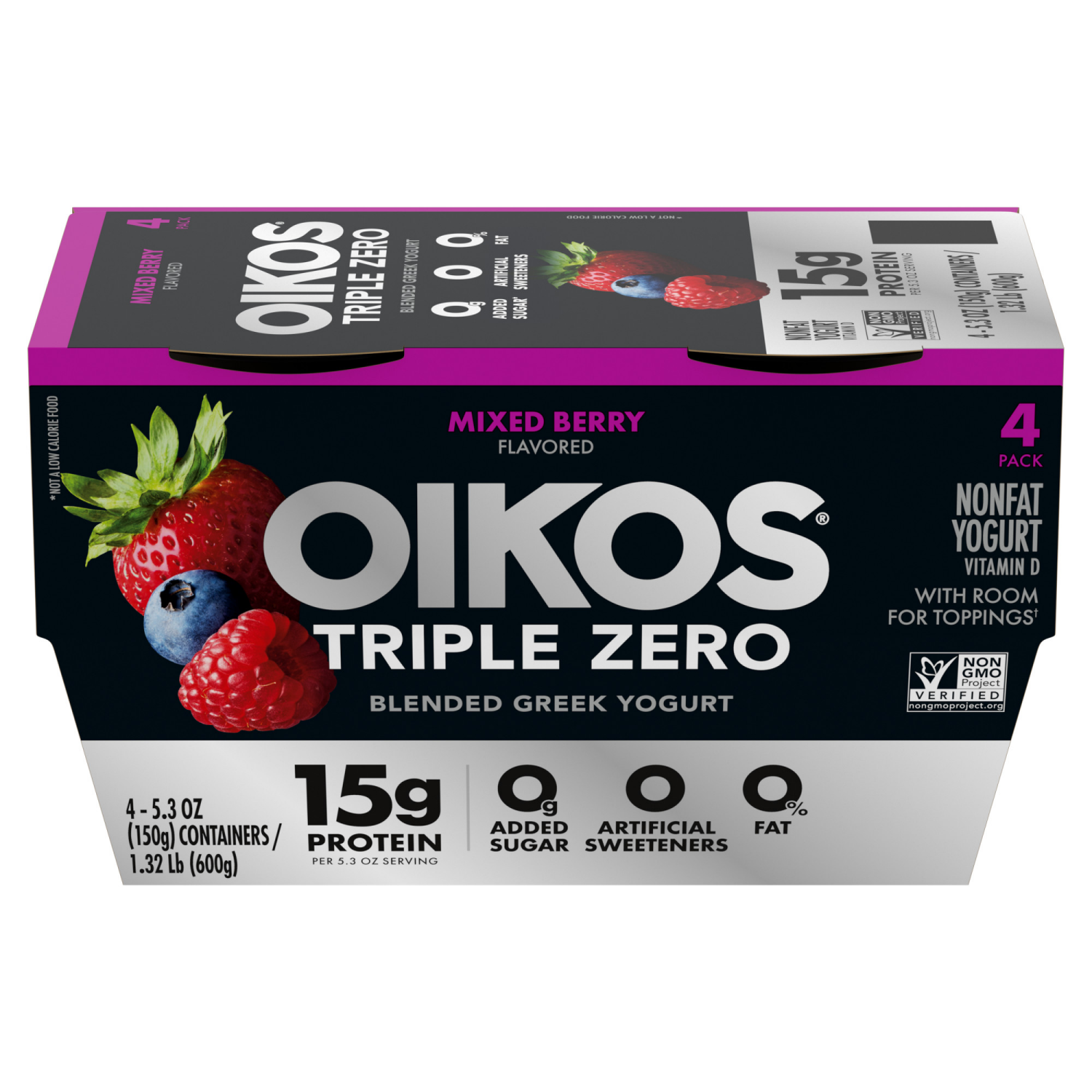 slide 4 of 8, Oikos Mixed Berry 15g Protein, 0g Added Sugar, Nonfat Greek Yogurt Pack, 4 Ct, 5.3 OZ Cups, 4 ct
