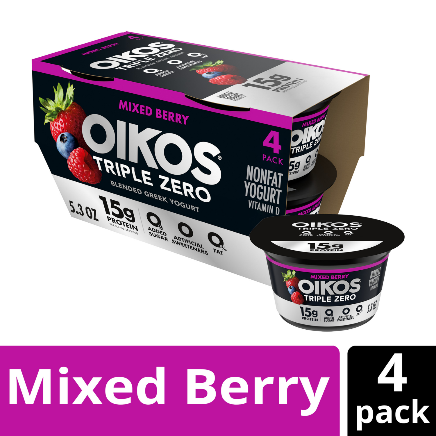 slide 5 of 8, Oikos Mixed Berry 15g Protein, 0g Added Sugar, Nonfat Greek Yogurt Pack, 4 Ct, 5.3 OZ Cups, 4 ct