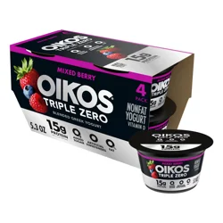Oikos Mixed Berry 15g Protein, 0g Added Sugar, Nonfat Greek Yogurt Pack, 4 Ct, 5.3 OZ Cups