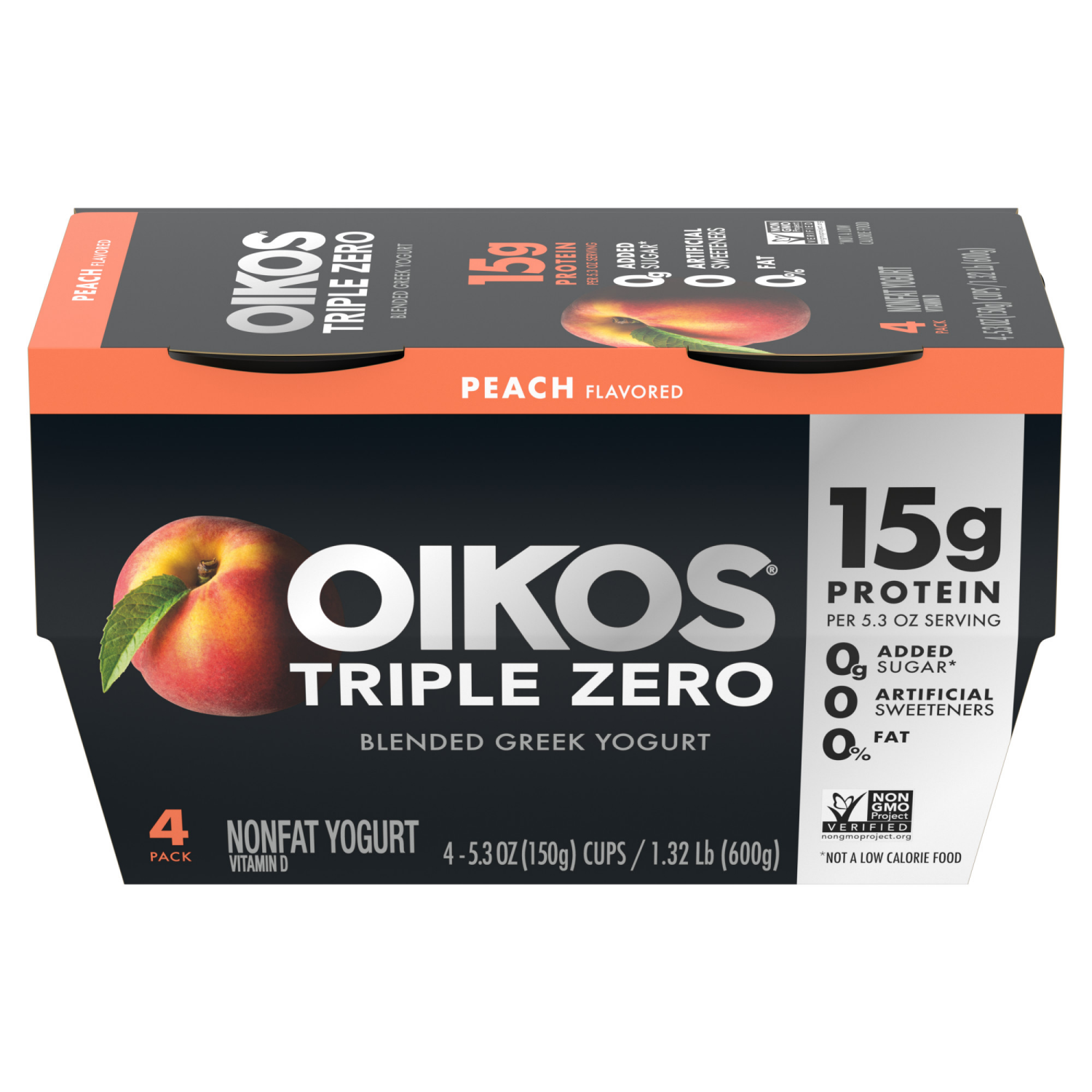 slide 2 of 8, Oikos Peach 15g Protein, 0g Added Sugar, Nonfat Greek Yogurt Pack, 4 Ct, 5.3 OZ Cups, 4 ct