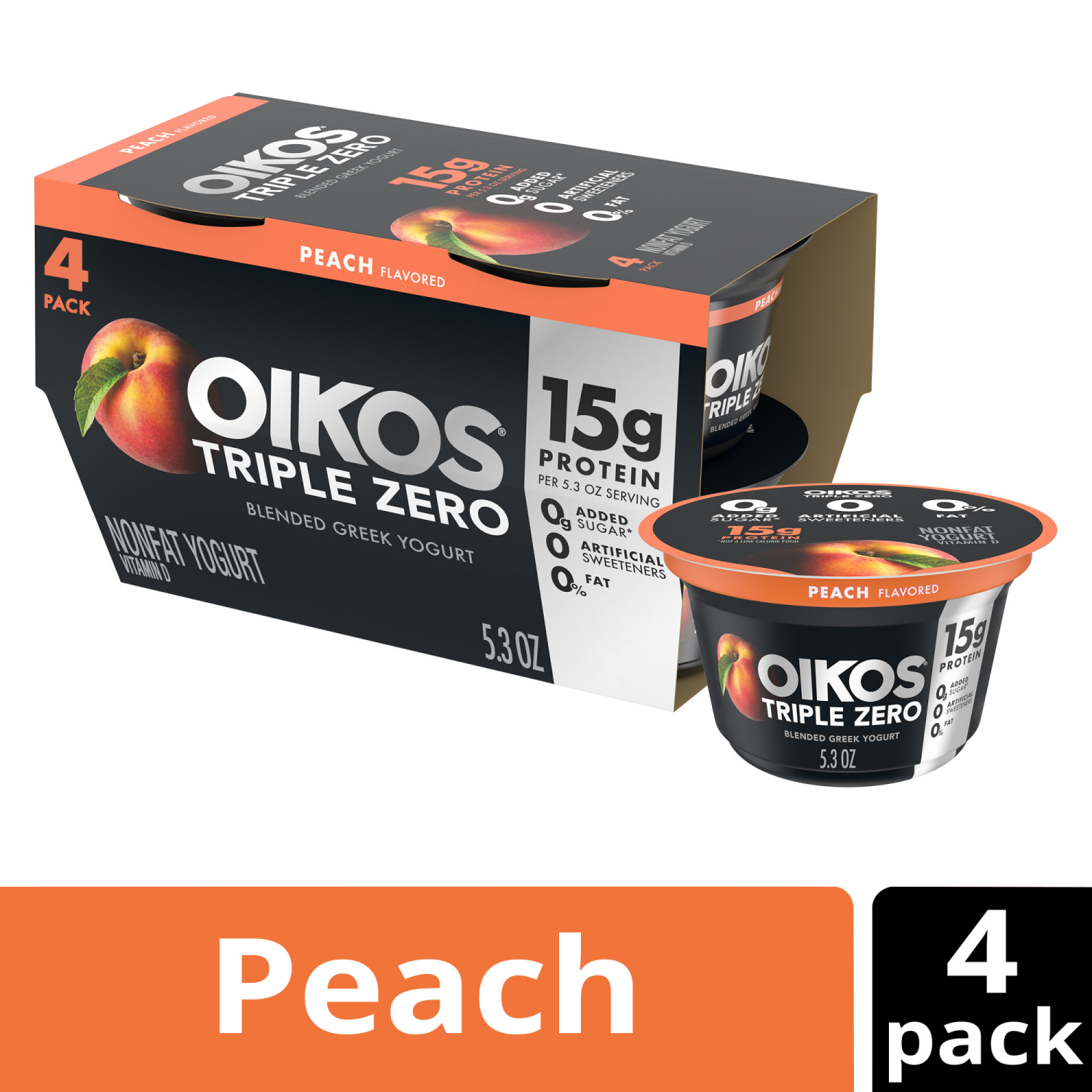 slide 4 of 8, Oikos Peach 15g Protein, 0g Added Sugar, Nonfat Greek Yogurt Pack, 4 Ct, 5.3 OZ Cups, 4 ct