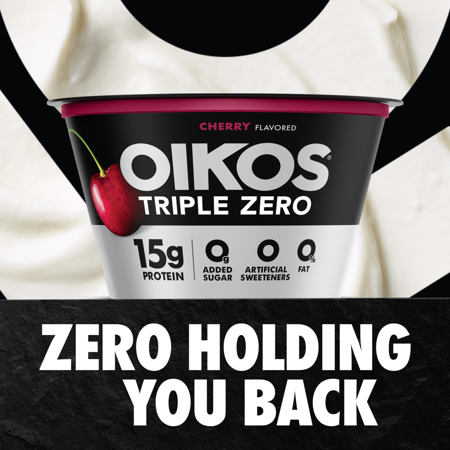 slide 5 of 8, Oikos Cherry 15g Protein, 0g Added Sugar, Nonfat Greek Yogurt, 5.3 OZ Cup, 5.3 oz