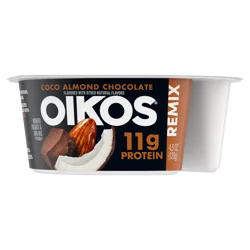 Oikos REMIX Coco Almond Chocolate 11g Protein Coconut Nonfat Greek Yogurt with Honey Praline Almonds and Dark Chocolate Mix-Ins, 4.5 OZ Cup