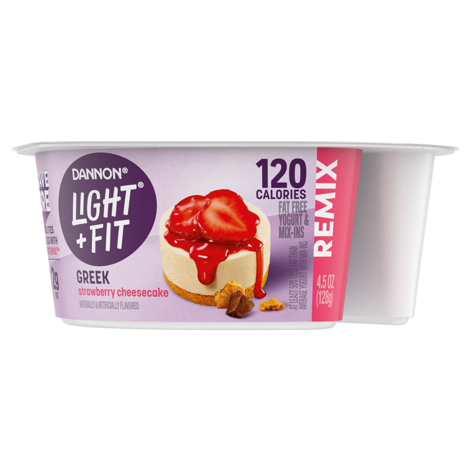 slide 1 of 2, Dannon Light + Fit REMIX Strawberry Cheesecake Nonfat Greek Yogurt with Graham Cookies, Caramel Pearls and Dark Chocolate Mix-Ins, 4.5 OZ Yogurt Cups, 4.5 oz