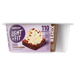 Dannon Light + Fit REMIX Brownie Sundae Vanilla Nonfat Greek Yogurt with Brownie Crumbles, Honey Praline Almonds and Butter Toffee Mix-Ins, 4.5 OZ Yogurt Cups