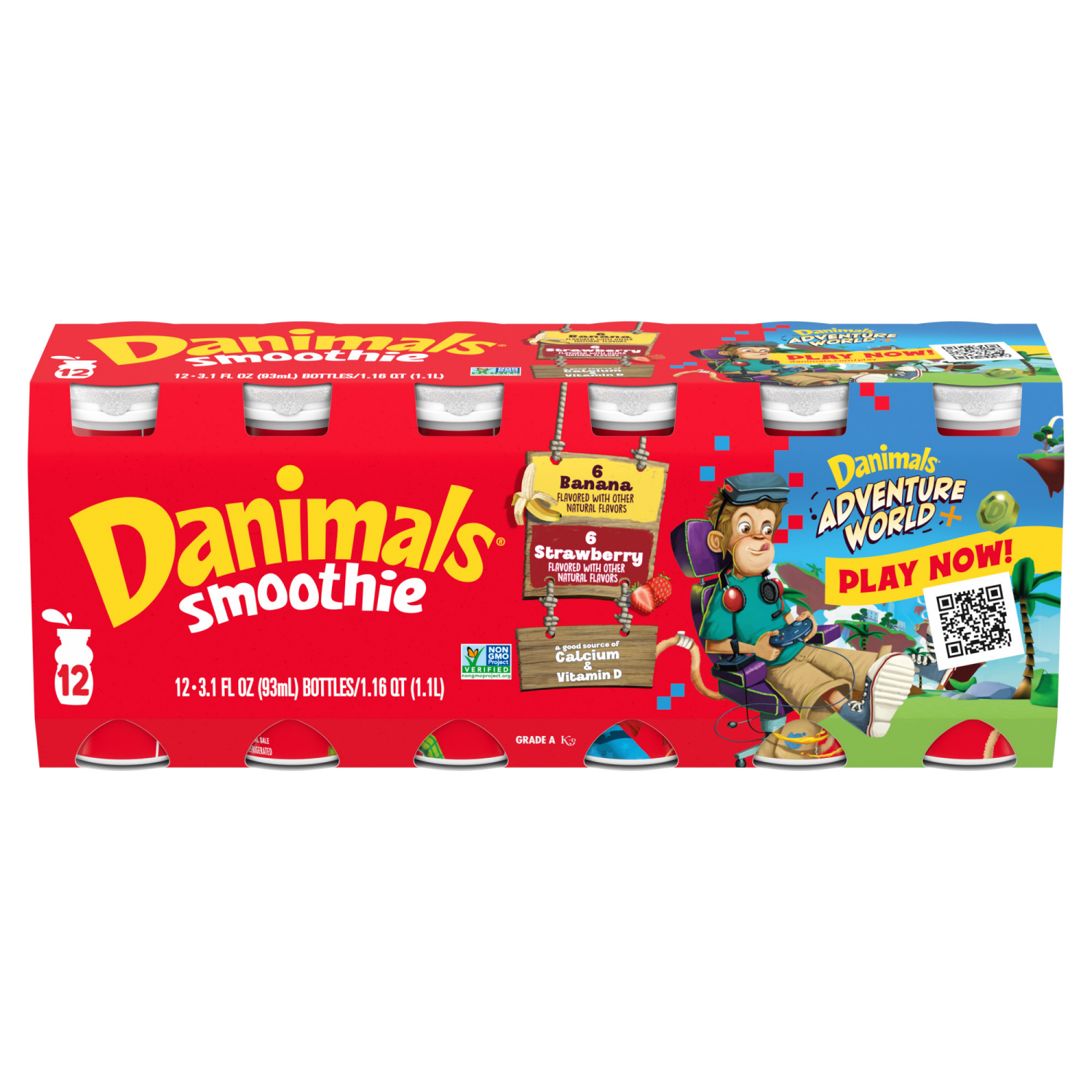 slide 2 of 8, Danimals Smoothie Strawberry Explosion and Banana Split Dairy Drink Multi-Pack, 12 Ct, 3.1 OZ Smoothie Bottles, 12 ct