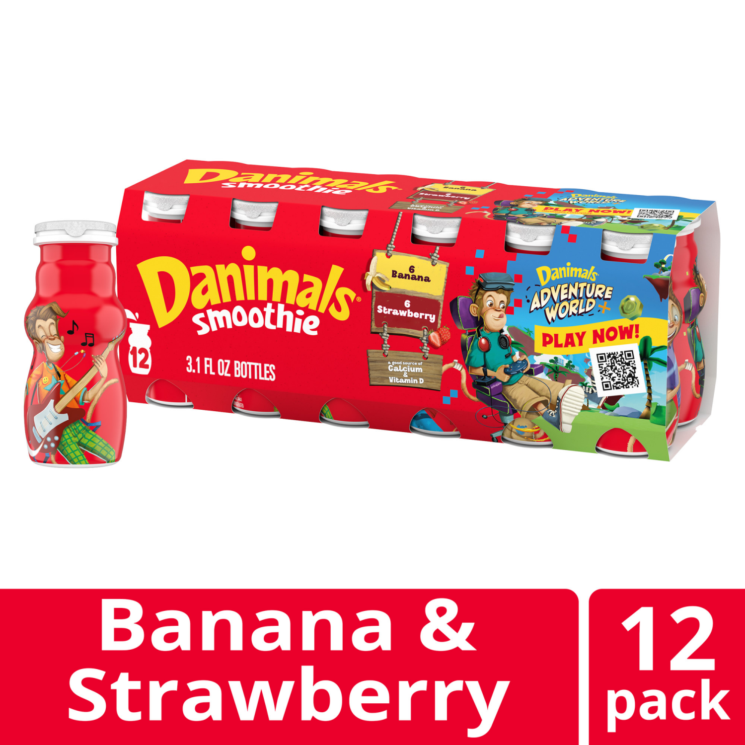 slide 4 of 8, Danimals Smoothie Strawberry Explosion and Banana Split Dairy Drink Multi-Pack, 12 Ct, 3.1 OZ Smoothie Bottles, 12 ct