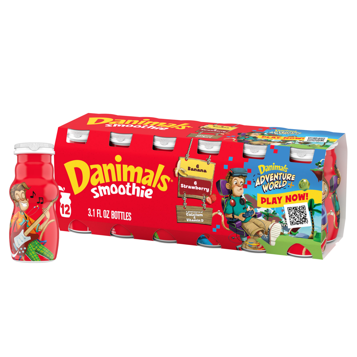 slide 1 of 8, Danimals Smoothie Strawberry Explosion and Banana Split Dairy Drink Multi-Pack, 12 Ct, 3.1 OZ Smoothie Bottles, 12 ct