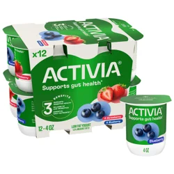 Activia Strawberry and Blueberry Probiotic Yogurt, Lowfat Yogurt Cups, 4 OZ, 12 CT