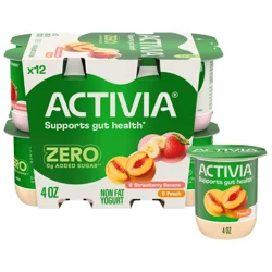 Activia Zero 0g Added Sugar* Strawberry Banana and Peach Probiotic Yogurt, Nonfat Yogurt Cups, 4 OZ, 12 Ct