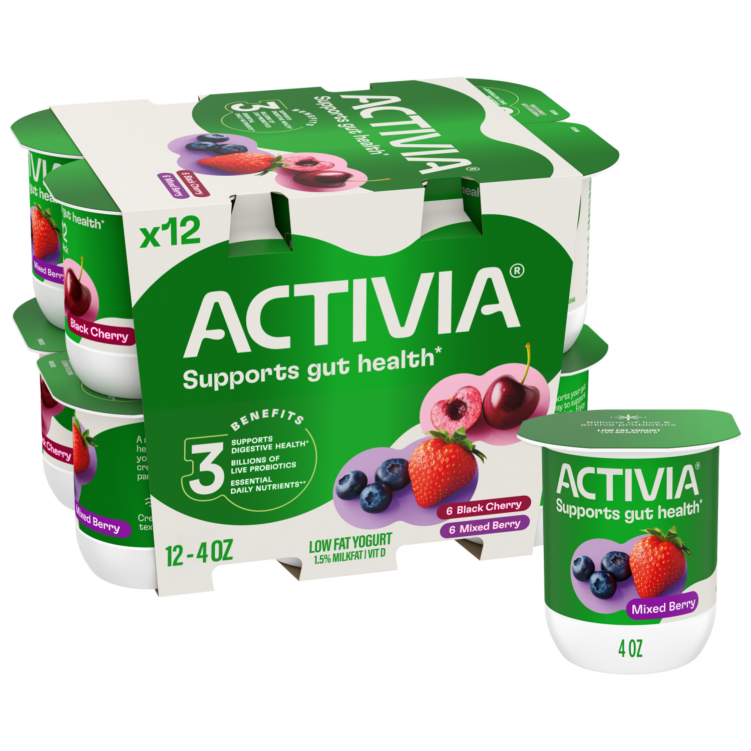 slide 1 of 8, Activia Black Cherry and Mixed Berry Probiotic Yogurt, Lowfat Yogurt Cups, 4 OZ, 12 CT, 12 ct