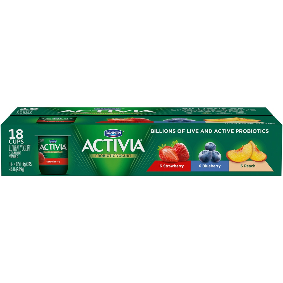 slide 2 of 8, Activia Lowfat Strawberry/Blueberry/Peach Yogurt Variety Pack, 18 ct; 4 oz