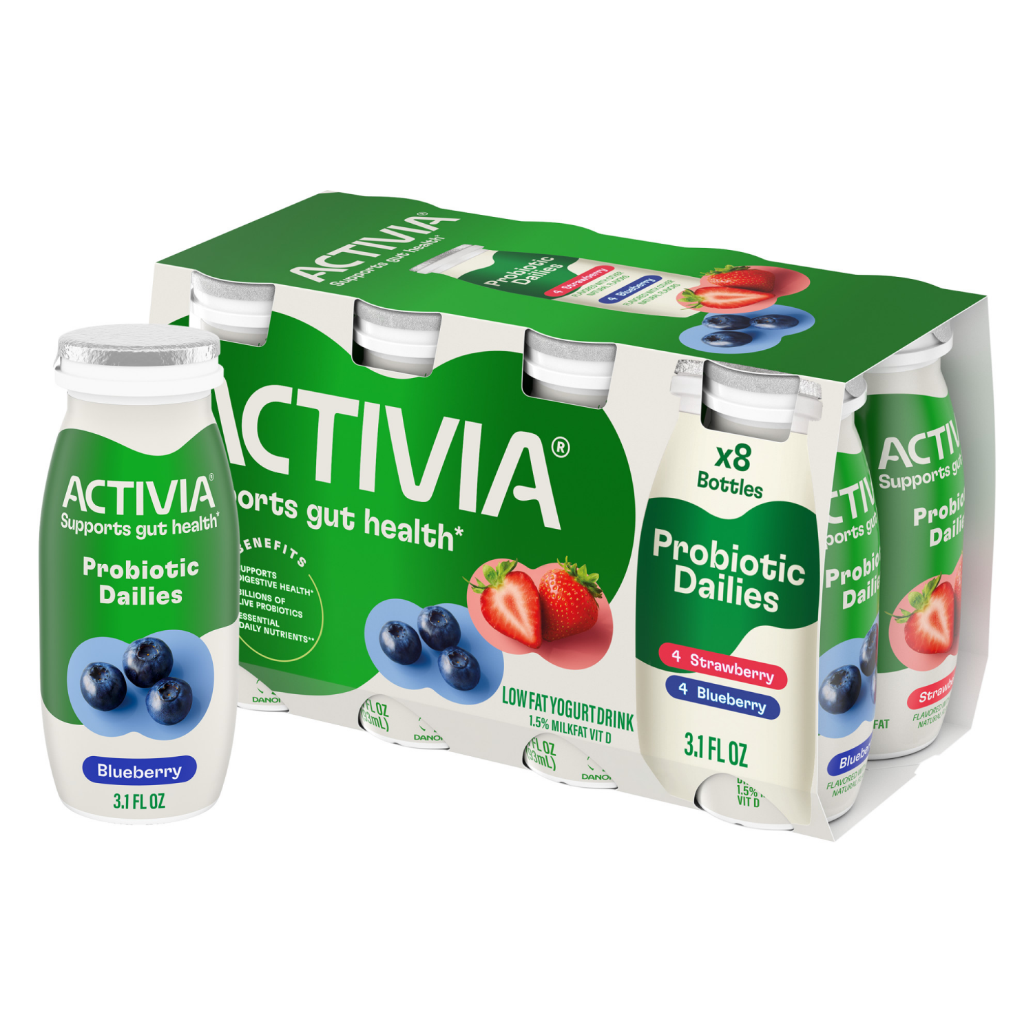 slide 1 of 8, Activia Probiotic Dailies Strawberry and Blueberry Low Fat, Probiotic Yogurt Drinks, 3.1 FL OZ, 8 Ct, 8 ct