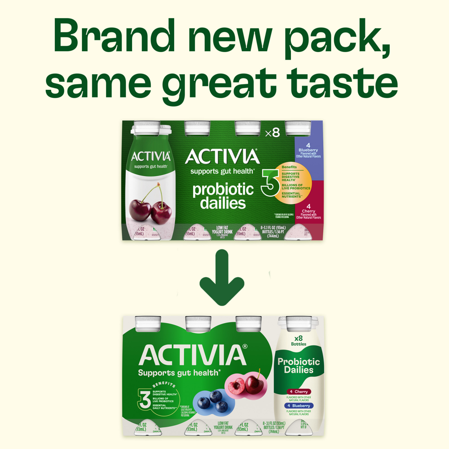 slide 2 of 8, Activia Probiotic Dailies Blueberry and Cherry Low Fat, Probiotic Yogurt Drinks, 3.1 FL OZ, 8 Ct, 8 ct
