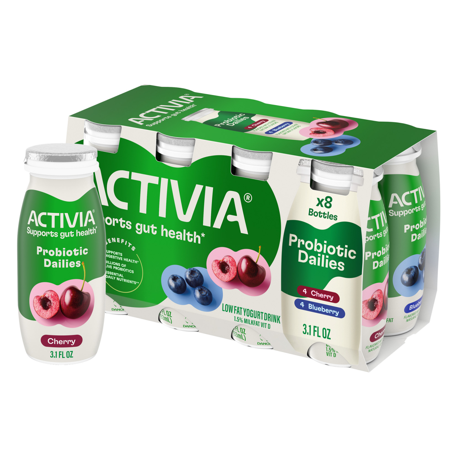 slide 1 of 8, Activia Probiotic Dailies Blueberry and Cherry Low Fat, Probiotic Yogurt Drinks, 3.1 FL OZ, 8 Ct, 8 ct