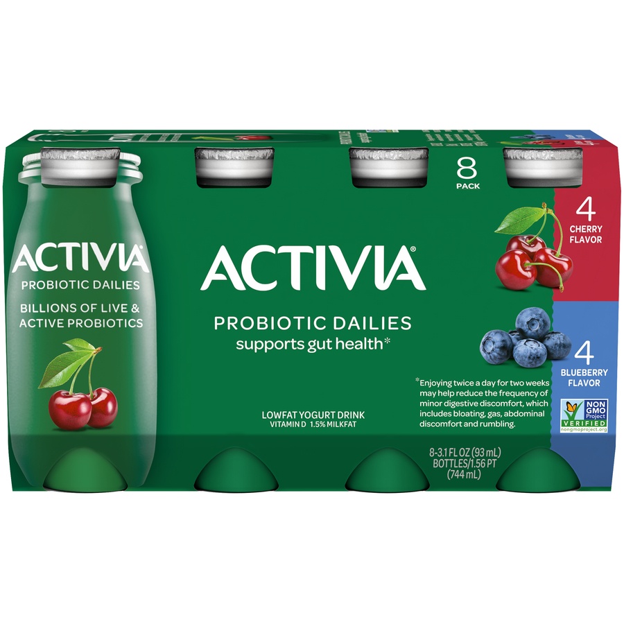 slide 8 of 8, Activia Probiotic Dailies Blueberry and Cherry Low Fat, Probiotic Yogurt Drinks, 3.1 FL OZ, 8 Ct, 8 ct