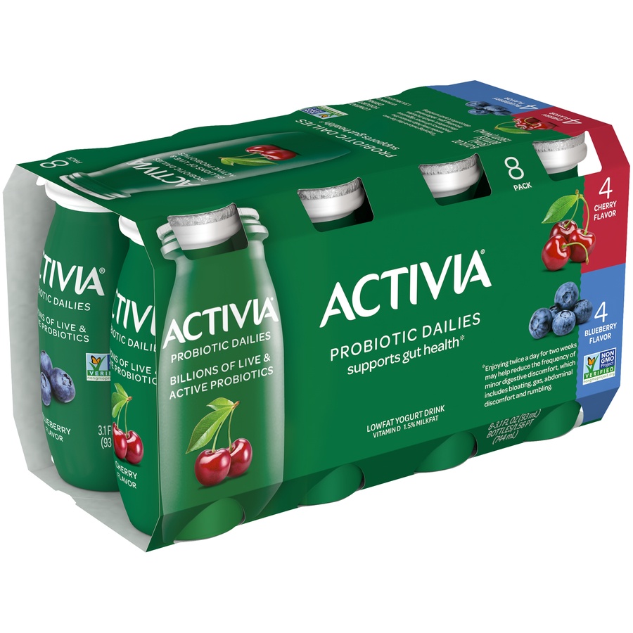 slide 2 of 8, Activia Probiotic Dailies Blueberry and Cherry Low Fat, Probiotic Yogurt Drinks, 3.1 FL OZ, 8 Ct, 8 ct