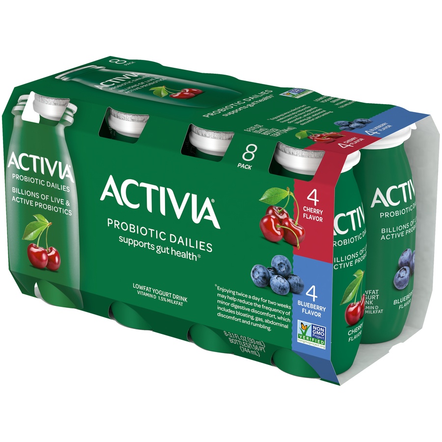 slide 7 of 8, Activia Probiotic Dailies Blueberry and Cherry Low Fat, Probiotic Yogurt Drinks, 3.1 FL OZ, 8 Ct, 8 ct