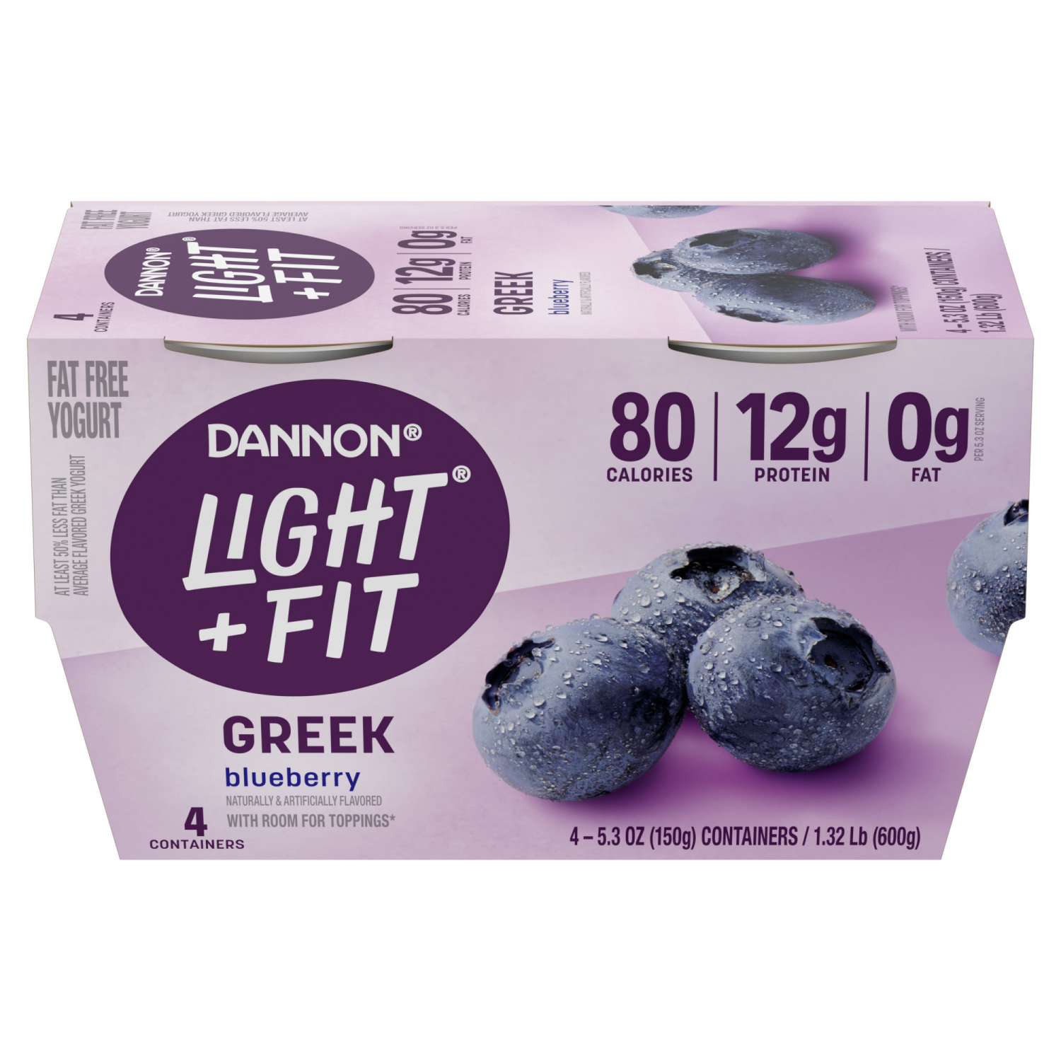 slide 2 of 8, Dannon Light + Fit Blueberry Greek Fat Free Yogurt Pack, 4 Ct, 5.3 OZ Cups, 4 ct