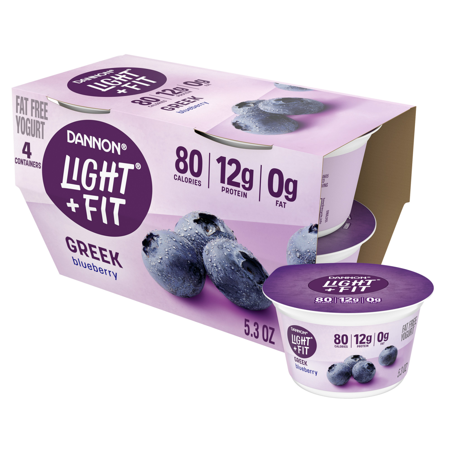 slide 1 of 8, Dannon Light + Fit Blueberry Greek Fat Free Yogurt Pack, 4 Ct, 5.3 OZ Cups, 4 ct