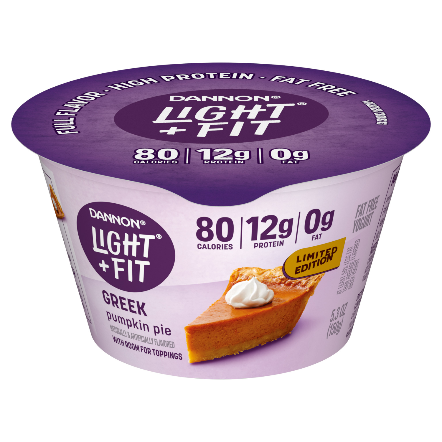 slide 1 of 8, Dannon Light + Fit Pumpkin Pie Greek Fat Free Yogurt, 5.3 OZ Yogurt Cup, 5.3 oz