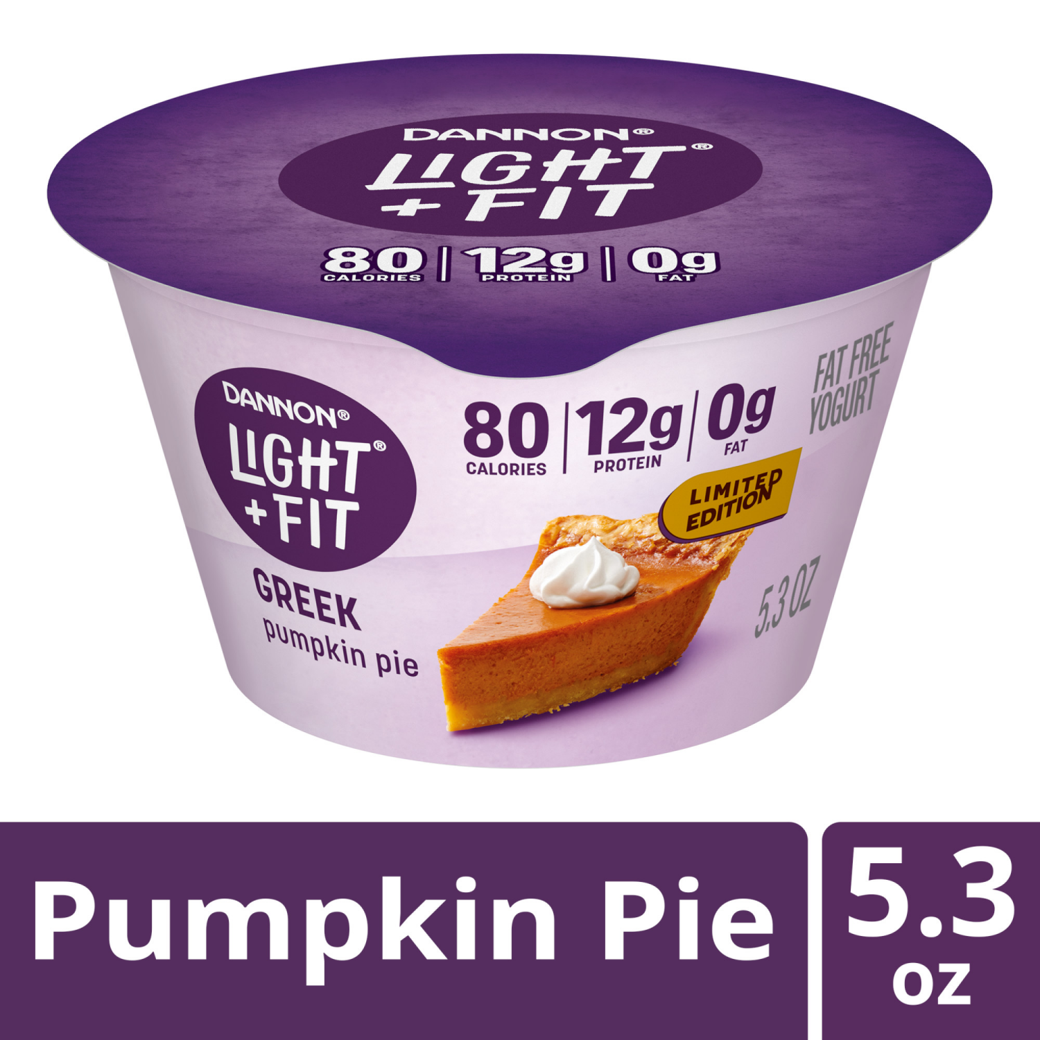 slide 4 of 8, Dannon Light + Fit Pumpkin Pie Greek Fat Free Yogurt, 5.3 OZ Yogurt Cup, 5.3 oz