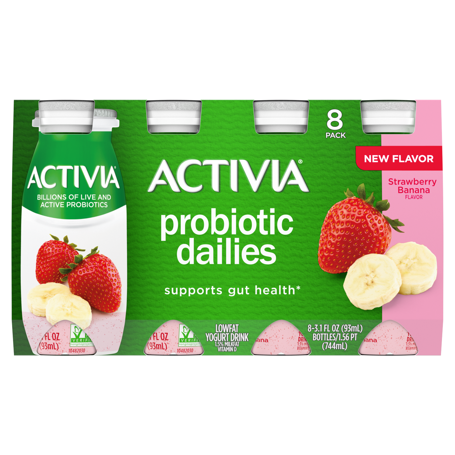 slide 1 of 2, Activia Probiotic Dailies Strawberry Banana Low Fat, Probiotic Yogurt Drinks, 3.1 FL OZ, 8 Ct, 8 ct