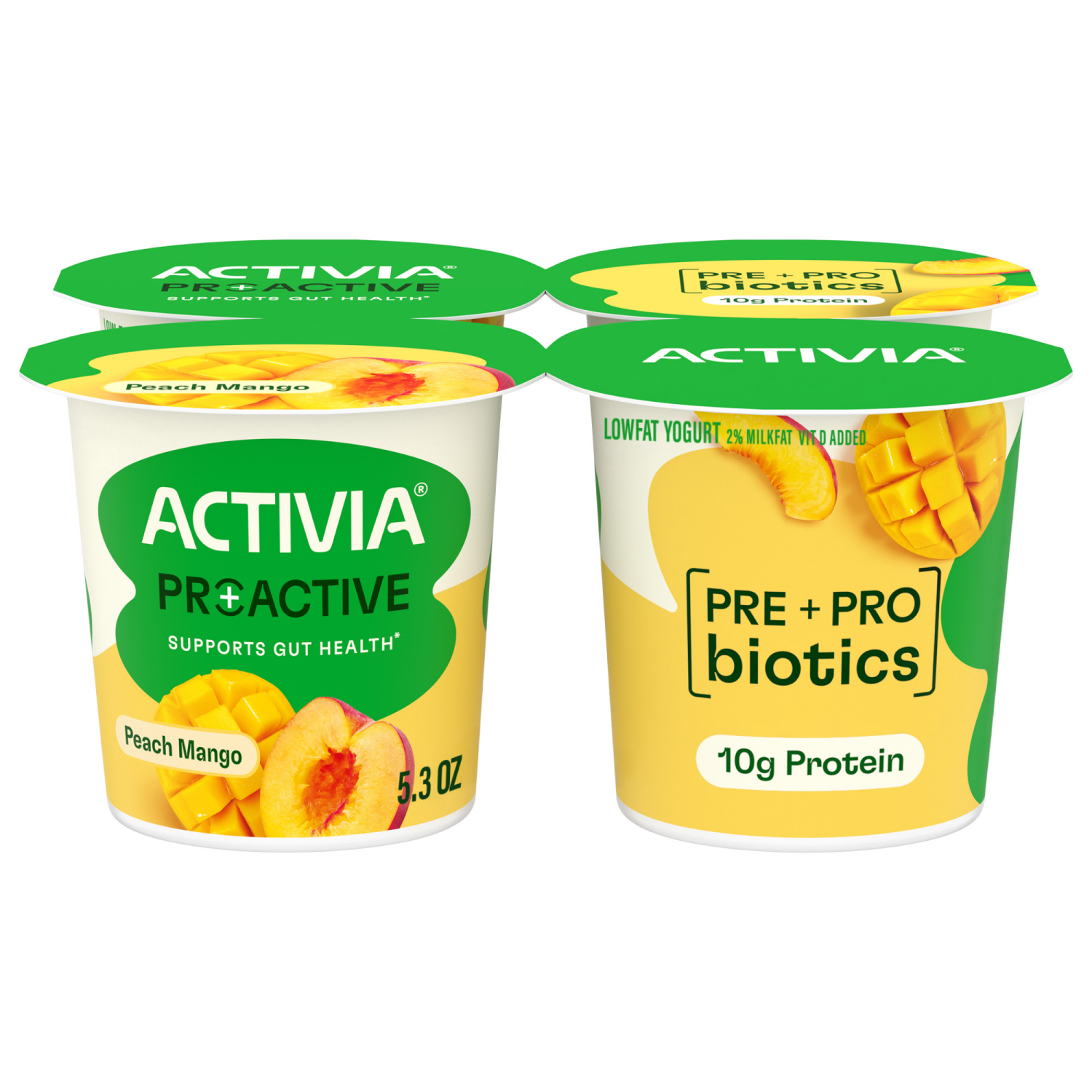 slide 1 of 8, Activia Proactive Peach Mango Probiotic Yogurt, Probiotic Low Fat Yogurt Cups, 5.3 Oz, 4 Ct, 4 ct