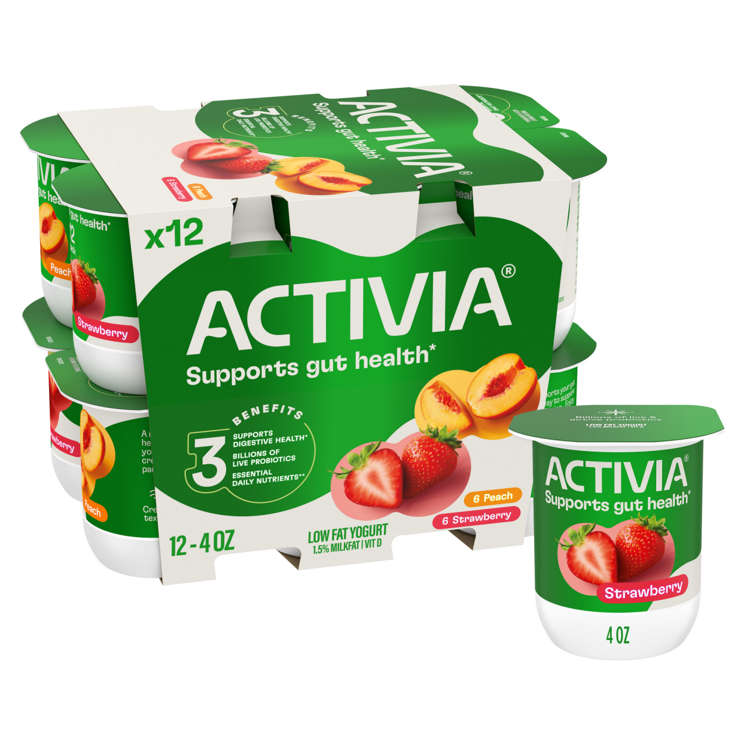 slide 1 of 8, Activia Peach and Strawberry Probiotic Yogurt, Lowfat Yogurt Cups, 4 OZ, 12 CT, 12 ct