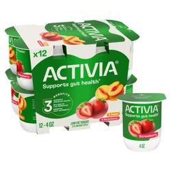 Activia Peach and Strawberry Probiotic Yogurt, Lowfat Yogurt Cups, 4 OZ, 12 CT
