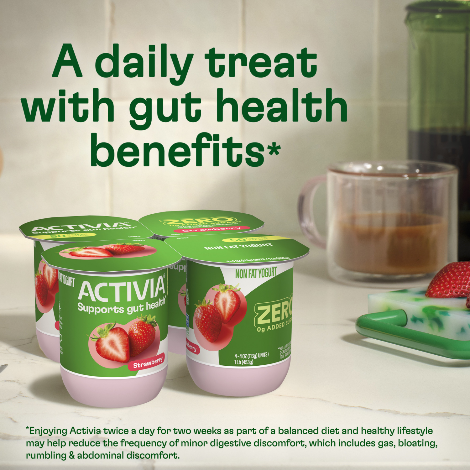 slide 3 of 8, Activia Zero 0g Added Sugar* Strawberry and Blueberry Probiotic Yogurt, Nonfat Yogurt Cups, 4 OZ, 12 Ct, 12 ct