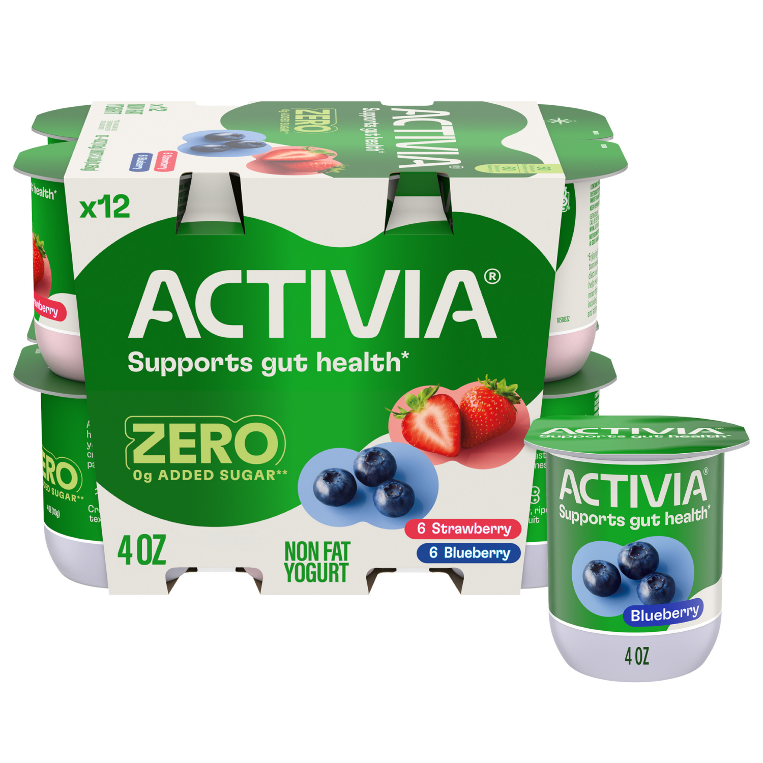 slide 1 of 8, Activia Zero 0g Added Sugar* Strawberry and Blueberry Probiotic Yogurt, Nonfat Yogurt Cups, 4 OZ, 12 Ct, 12 ct