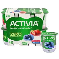 Activia Zero 0g Added Sugar* Strawberry and Blueberry Probiotic Yogurt, Nonfat Yogurt Cups, 4 OZ, 12 Ct