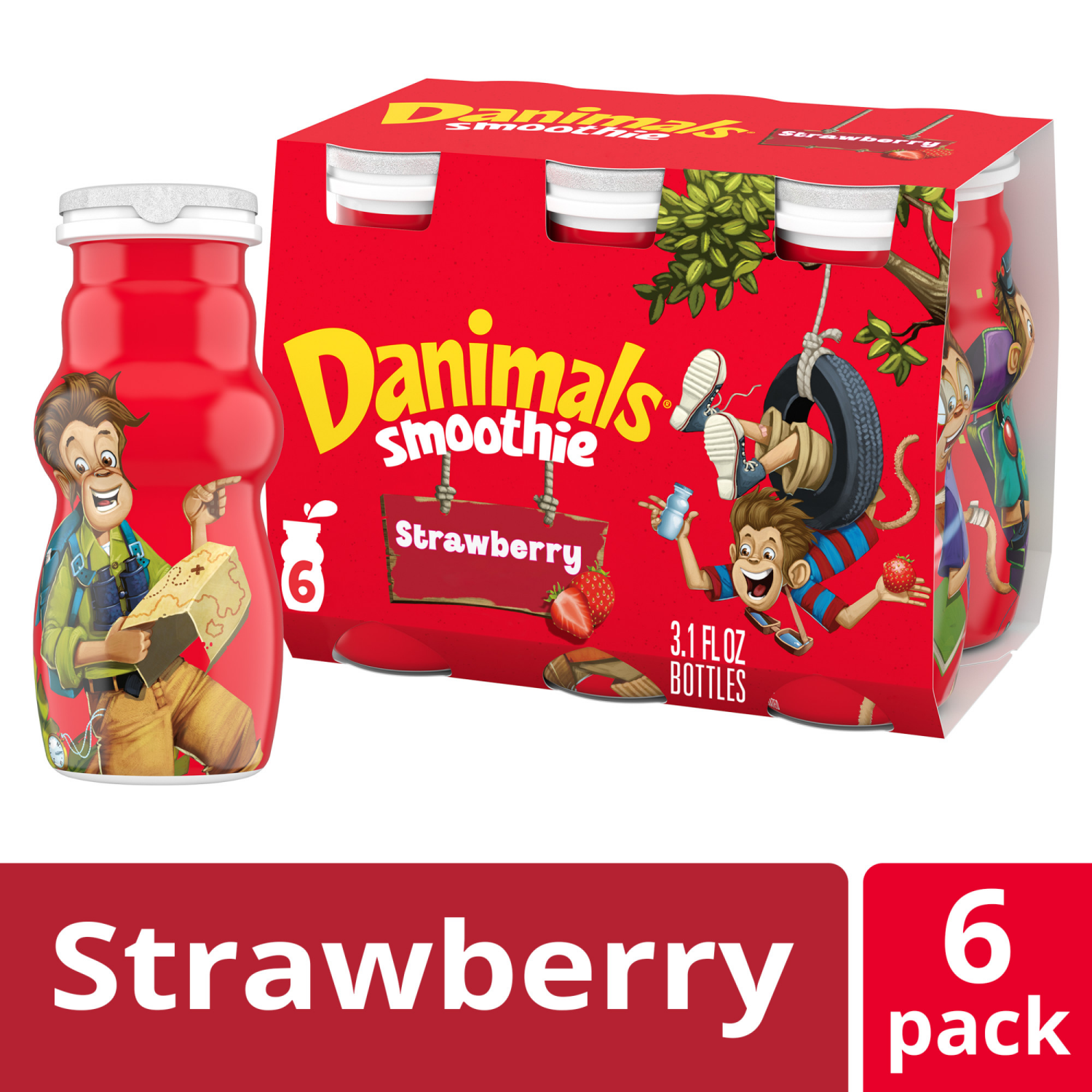 slide 4 of 8, Danimals Smoothie Strawberry Explosion Dairy Drink Multi-Pack, 6 Ct, 3.1 OZ Smoothie Bottles, 6 ct