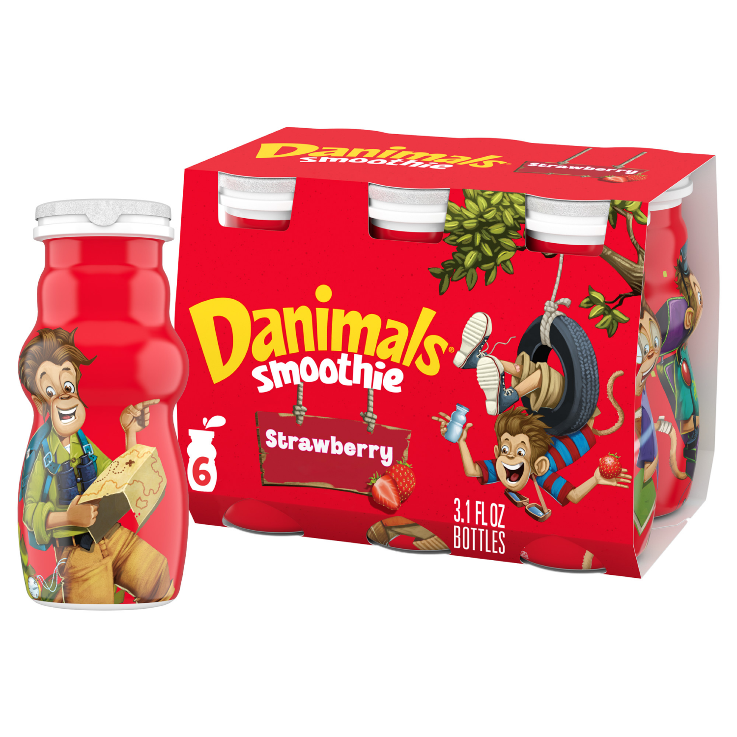 slide 1 of 8, Danimals Smoothie Strawberry Explosion Dairy Drink Multi-Pack, 6 Ct, 3.1 OZ Smoothie Bottles, 6 ct