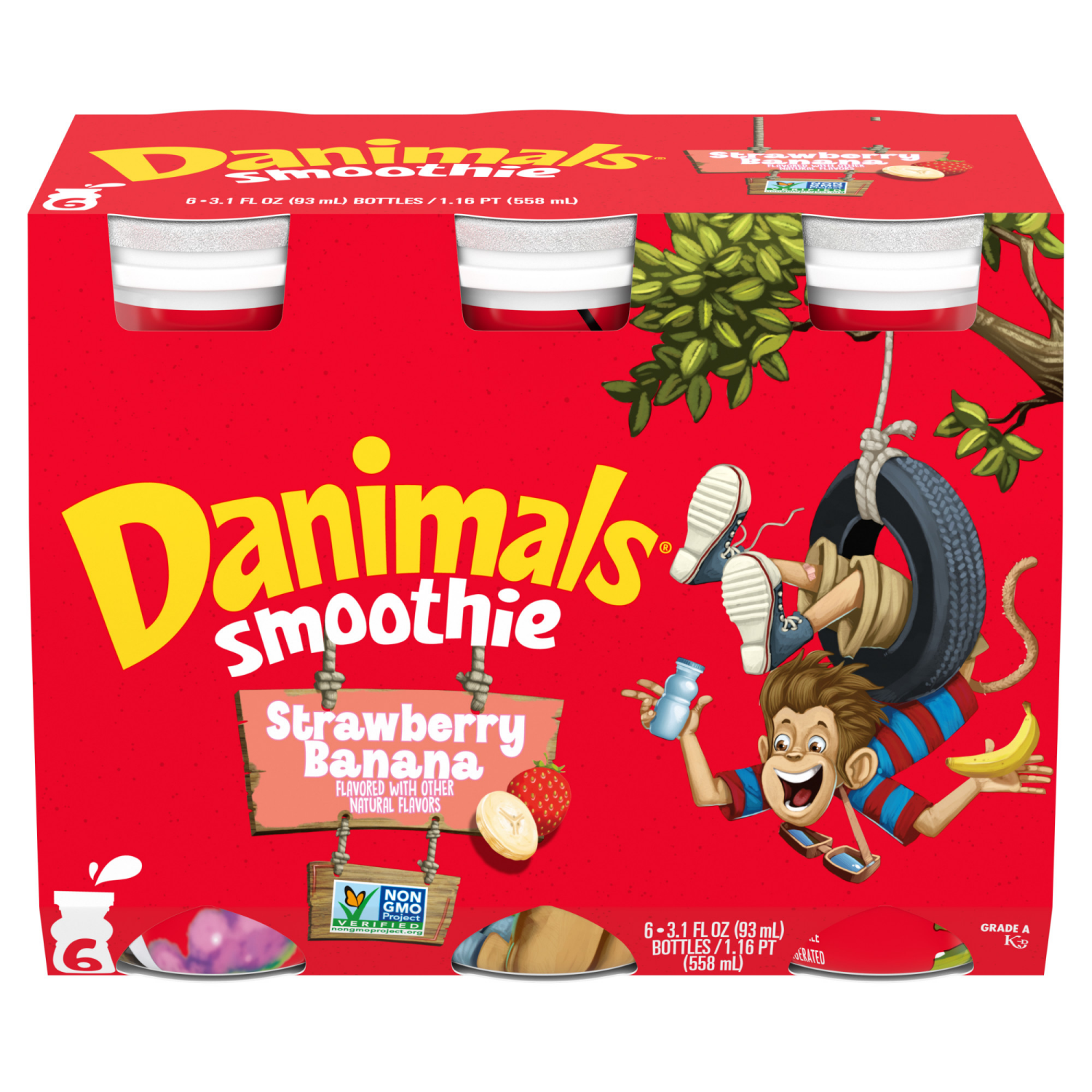 slide 2 of 8, Danimals Swingin' Strawberry Banana Smoothies, 3.1 Fl. Oz. Bottles, 6 Count, 6 ct