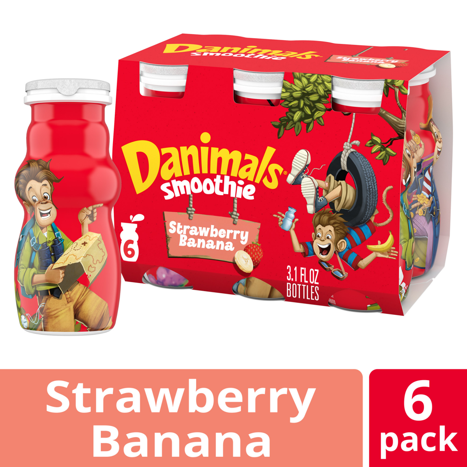 slide 4 of 8, Danimals Swingin' Strawberry Banana Smoothies, 3.1 Fl. Oz. Bottles, 6 Count, 6 ct