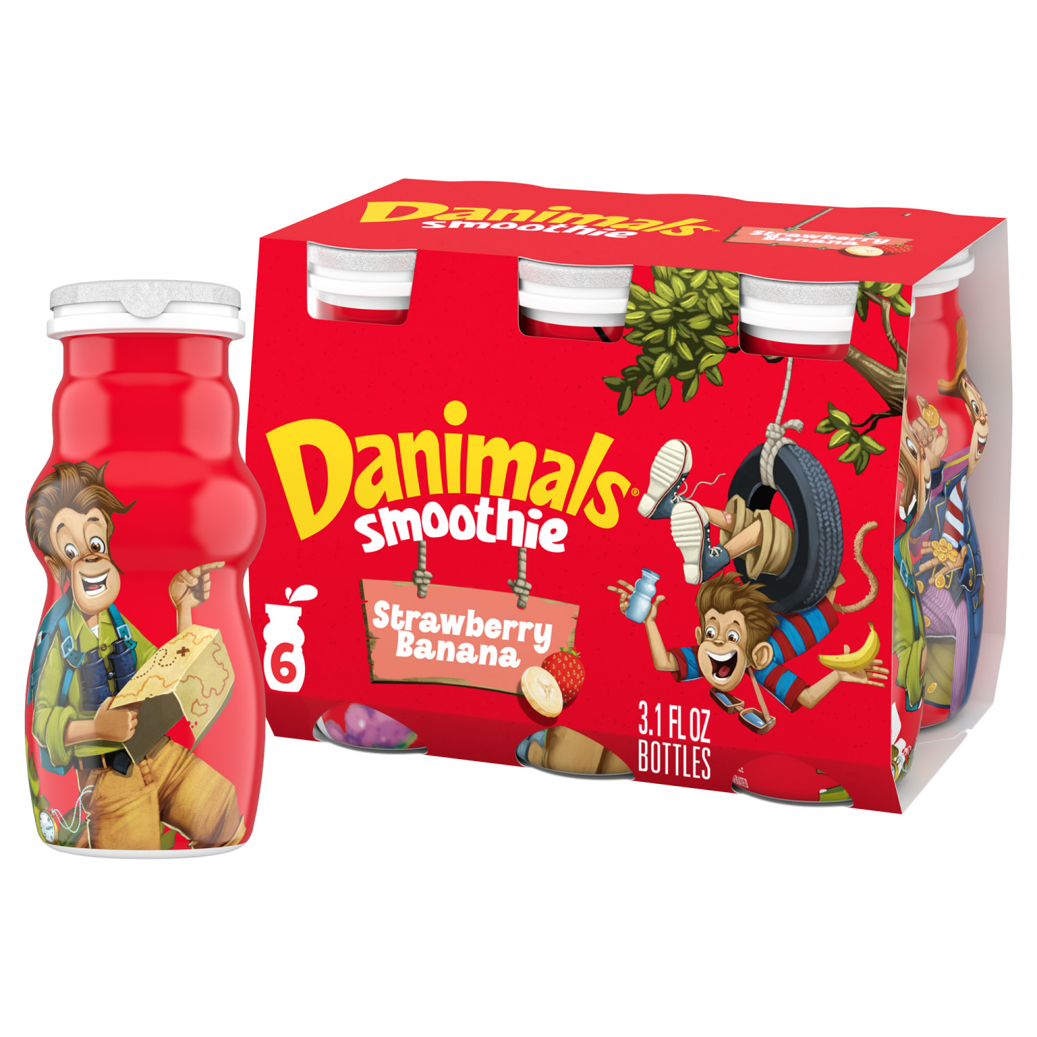 slide 1 of 8, Danimals Swingin' Strawberry Banana Smoothies, 3.1 Fl. Oz. Bottles, 6 Count, 6 ct