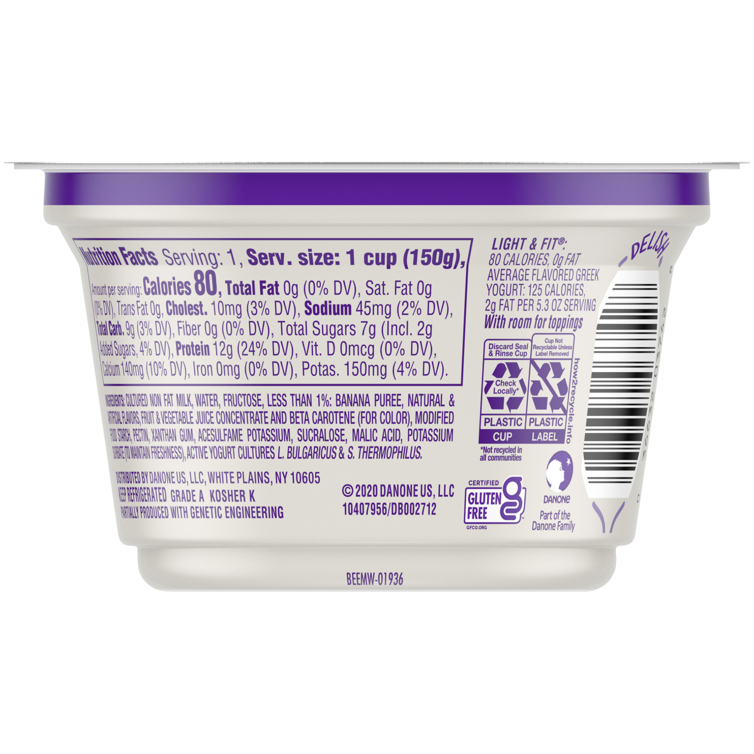 slide 2 of 6, Dannon Light + Fit Banana Cream Greek Fat Free Yogurt, 5.3 OZ Yogurt Cup, 5.3 oz