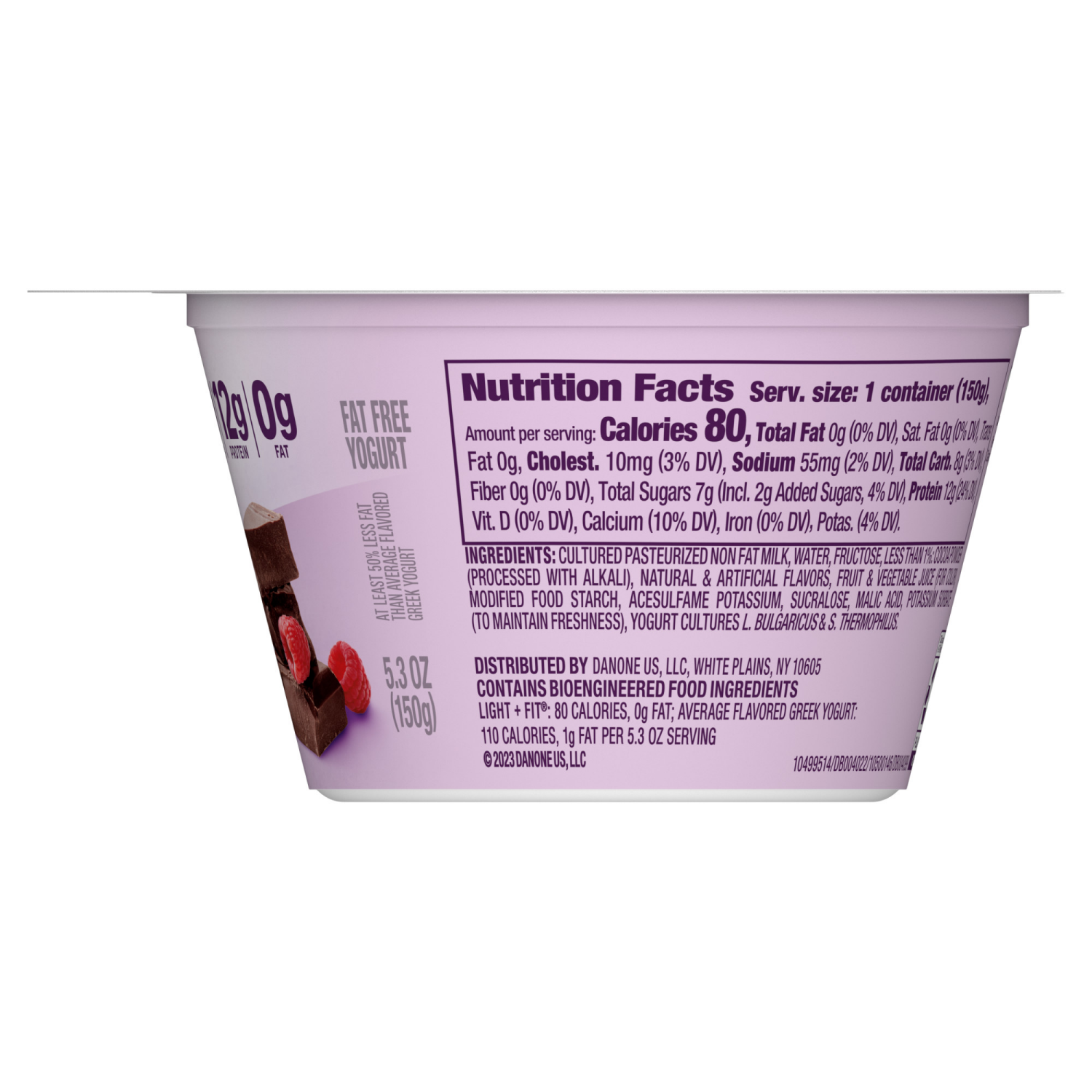 slide 7 of 8, Dannon Light + Fit Raspberry Chocolate Greek Fat Free Yogurt, 5.3 OZ Yogurt Cup, 5.3 oz