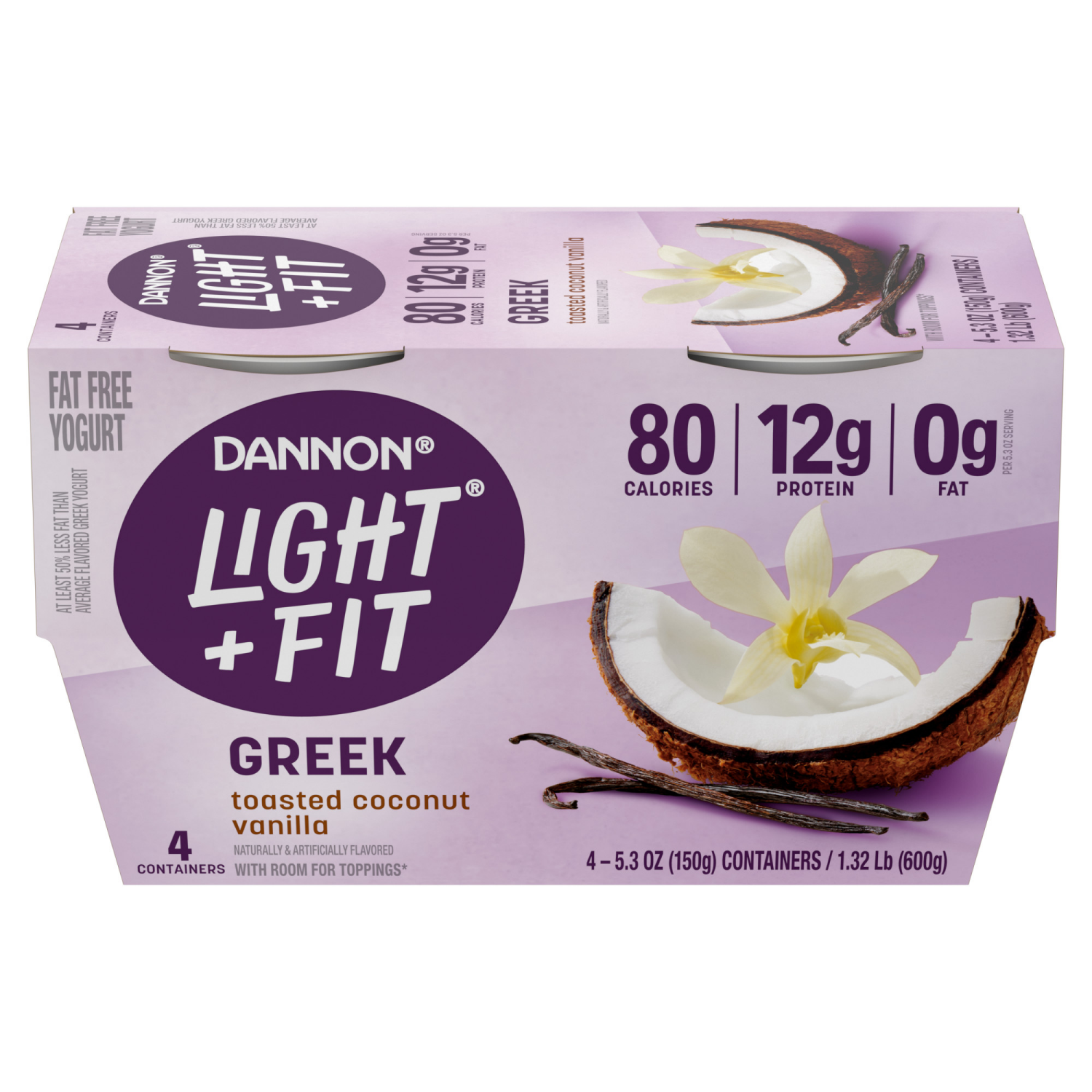 slide 2 of 8, Dannon Light + Fit Toasted Coconut Vanilla Greek Fat Free Yogurt Pack, 4 Ct, 5.3 OZ Cups, 4 ct