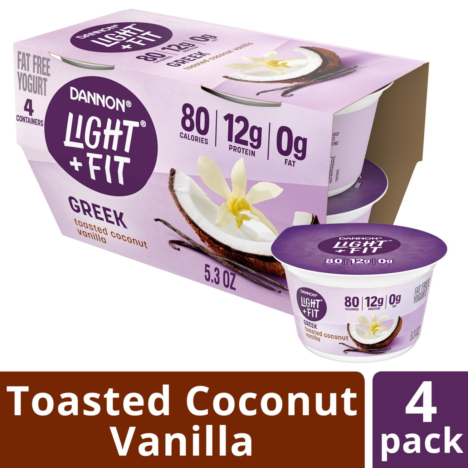 slide 4 of 8, Dannon Light + Fit Toasted Coconut Vanilla Greek Fat Free Yogurt Pack, 4 Ct, 5.3 OZ Cups, 4 ct