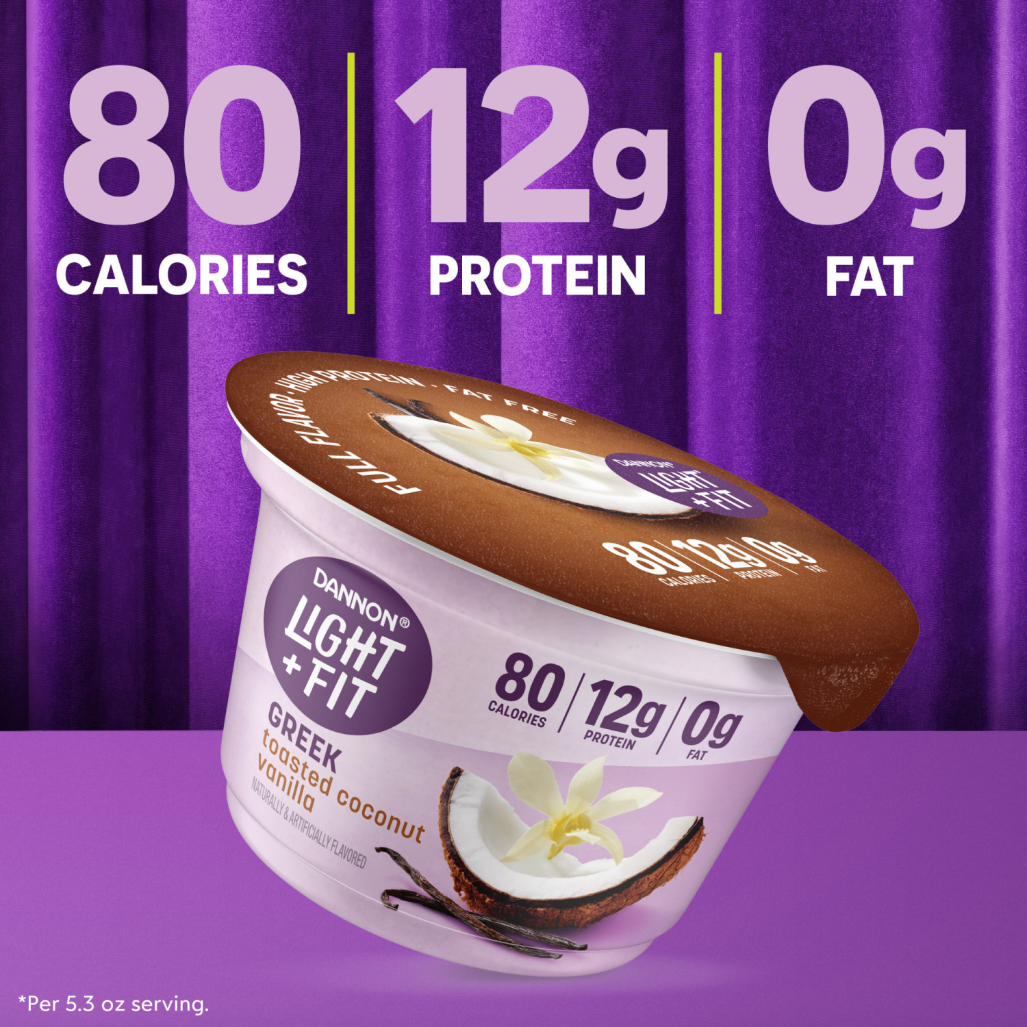 slide 8 of 8, Dannon Light + Fit Toasted Coconut Vanilla Greek Fat Free Yogurt Pack, 4 Ct, 5.3 OZ Cups, 4 ct