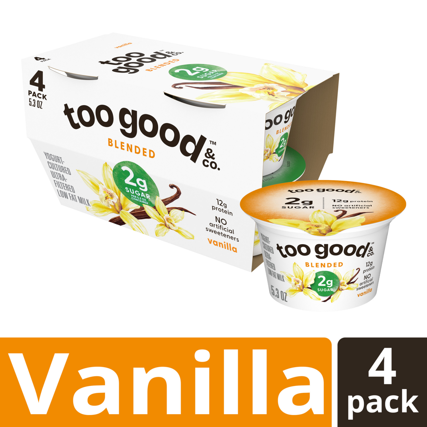 slide 3 of 5, Too Good & Co. Vanilla Flavored Lower Sugar, Low Fat Greek Yogurt Cultured Product, 4 Count, 5.3 OZ Cups, 4 ct