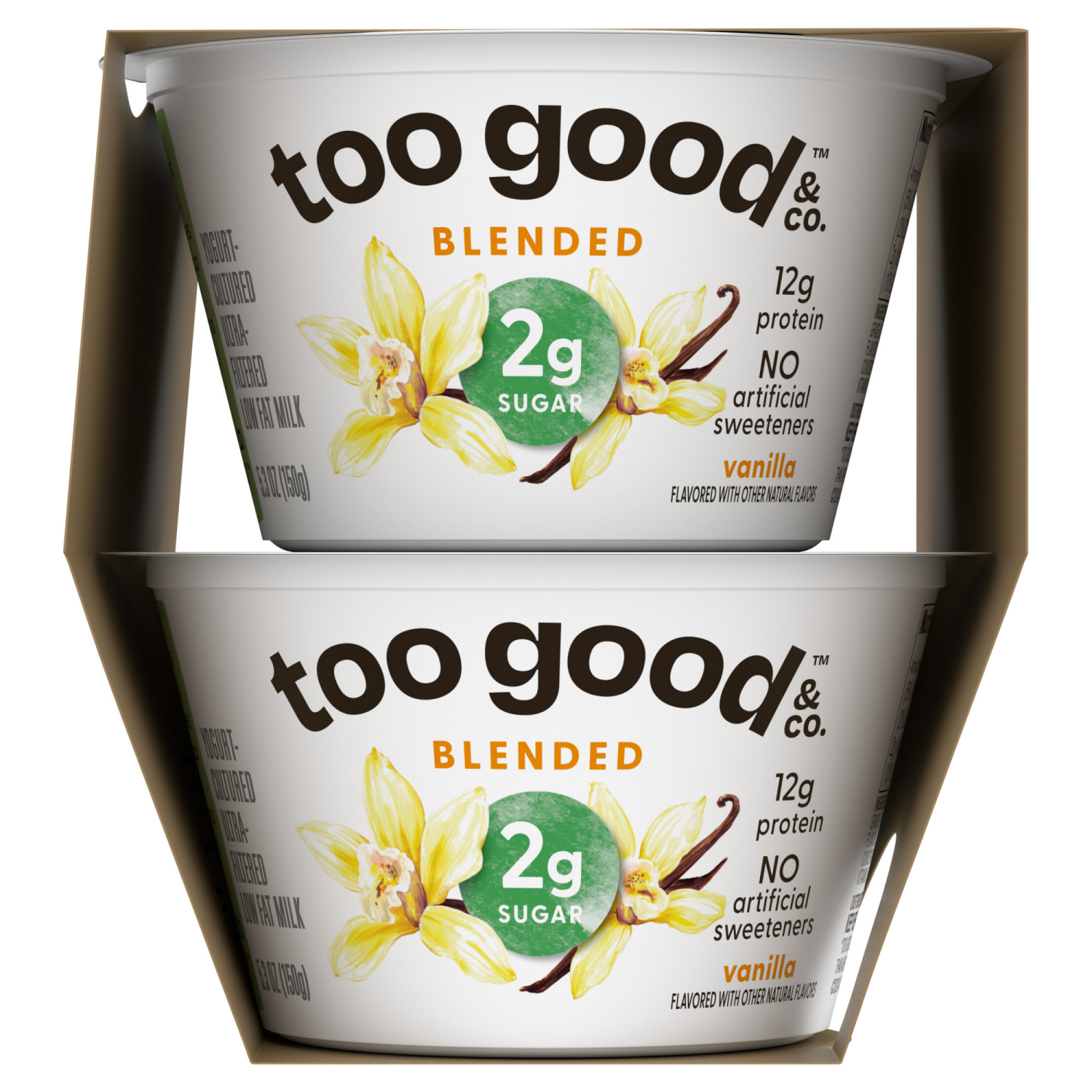 slide 4 of 5, Too Good & Co. Vanilla Flavored Lower Sugar, Low Fat Greek Yogurt Cultured Product, 4 Count, 5.3 OZ Cups, 4 ct