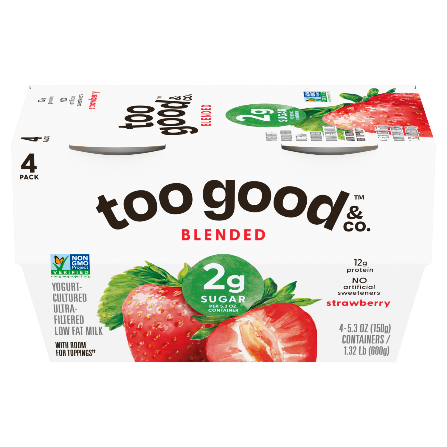 slide 2 of 5, Too Good & Co. Strawberry Flavored Lower Sugar, Low Fat Greek Yogurt Cultured Product, 4 Count, 5.3 OZ Cups, 4 ct