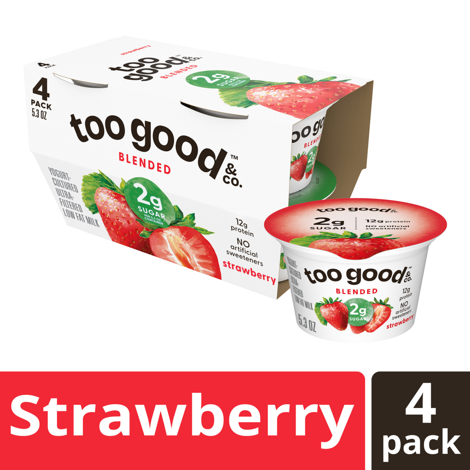slide 3 of 5, Too Good & Co. Strawberry Flavored Lower Sugar, Low Fat Greek Yogurt Cultured Product, 4 Count, 5.3 OZ Cups, 4 ct