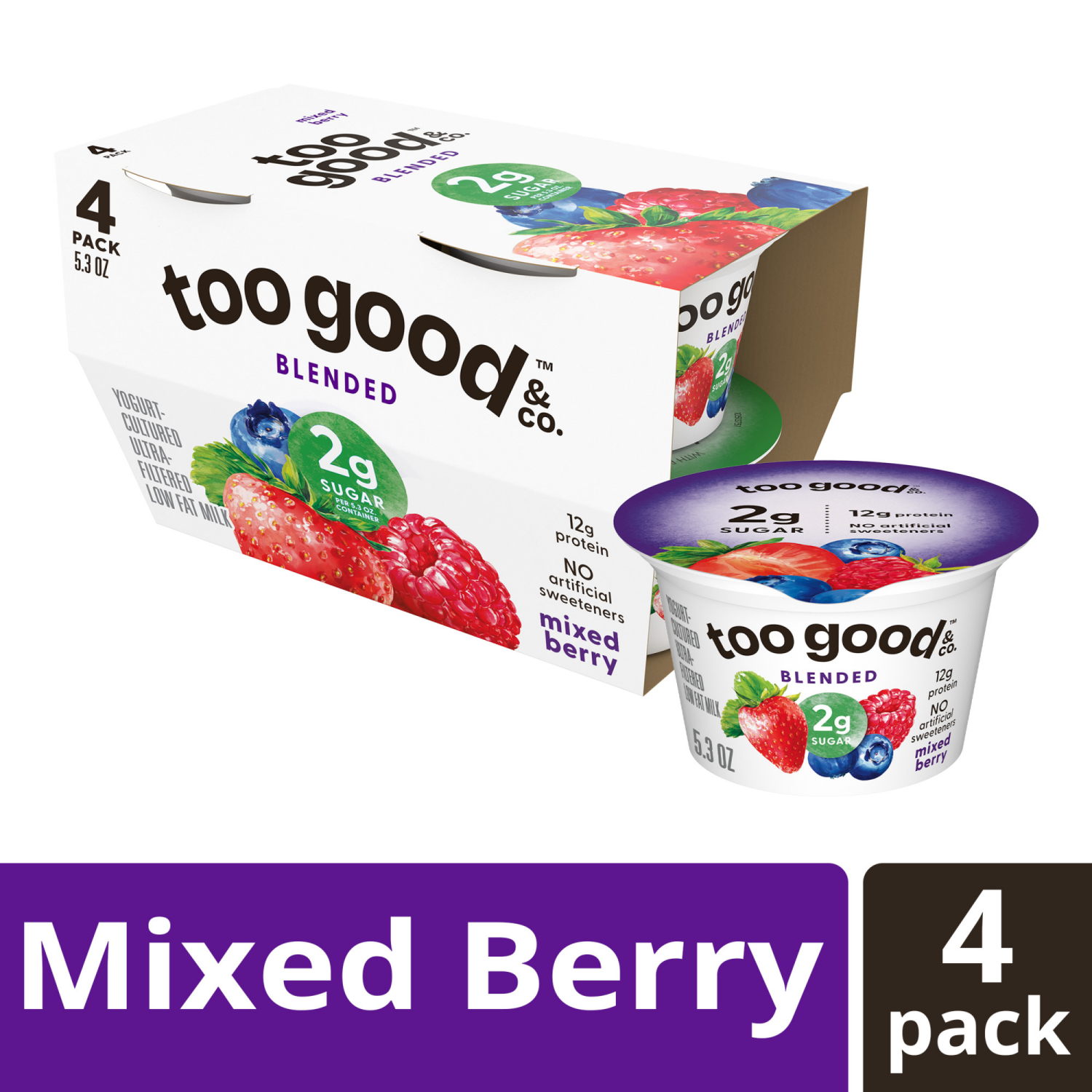 slide 3 of 5, Too Good & Co. Mixed Berry Flavored Lower Sugar, Low Fat Greek Yogurt Cultured Product, 4 Count, 5.3 OZ Cups, 4 ct